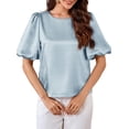 thumbnail image 3 of Women'S Satin Silk Blouses Puff Short Sleeve Dressy Casual Tops Loose Fit Crew Neck Cropped Shirts Light Blue M, 3 of 10