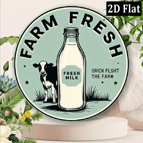 2D Flat, Room Decoration 1 Vintage Farm Fresh Milk Round Metal Sign, 8x8inch Aluminum Wall Art, Retro Dairy Decoration, Suitable for Home, Bar, Cafe- Country Farmhouse Kitchen Display