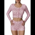 thumbnail image 1 of Conjuntos de Pijama para Mujer con Top Corto de Larga y Pantalones Cortos de Tiro Bajo con Ribete de Encaje y Estampado Floral Ditsy Rosa L, 1 of 7