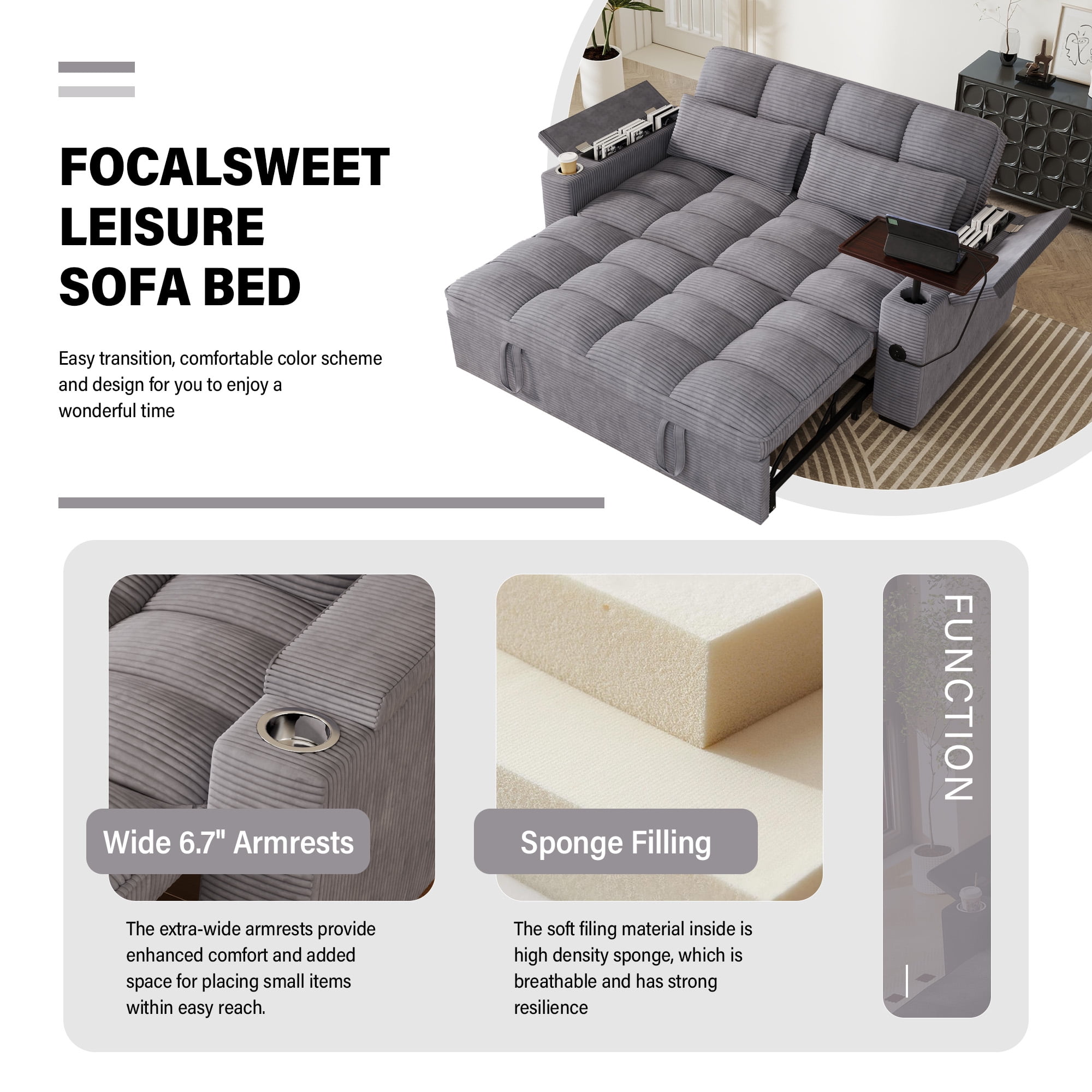 Aukfa 65"W Convertible Sofa Bed with Storage, 3-in-1 Corduroy Queen Sleeper Sofa Couch with 360° Swivel Side Table & USB /Type-C Ports,Gray