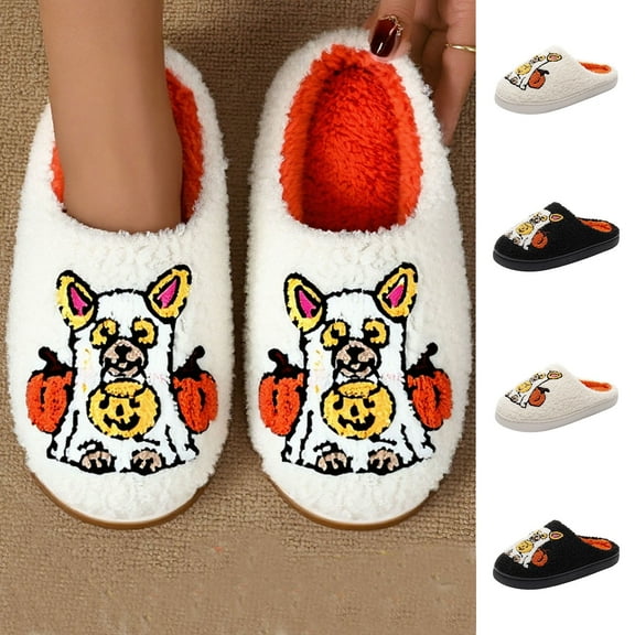 Halloween House Slippers for Woman Flat Heel Close Toe Slides Outdoor Indoor Warm Plush Casual Bedroom Shoes for Women Black 9
