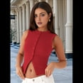 thumbnail image 4 of Women'S Sleeveless Round Neck Slim Fit Ribbed Button Vest Red M, 4 of 7