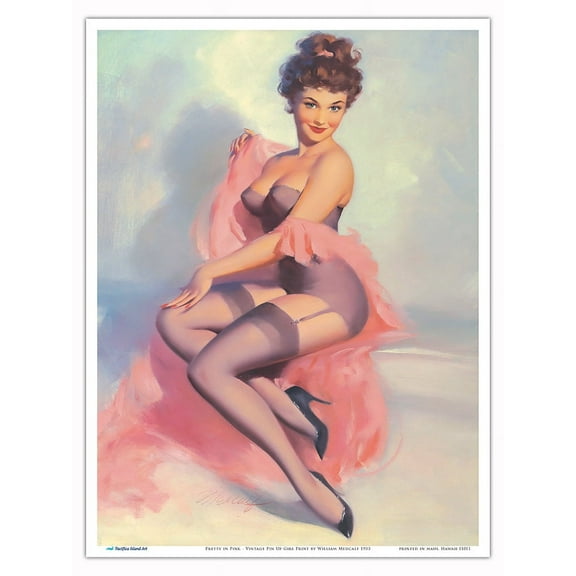 Pretty in Pink - Vintage Pin Up Girl Print by William Medcalf c.1955 - Master Art Print (Unframed) 9in x 12in