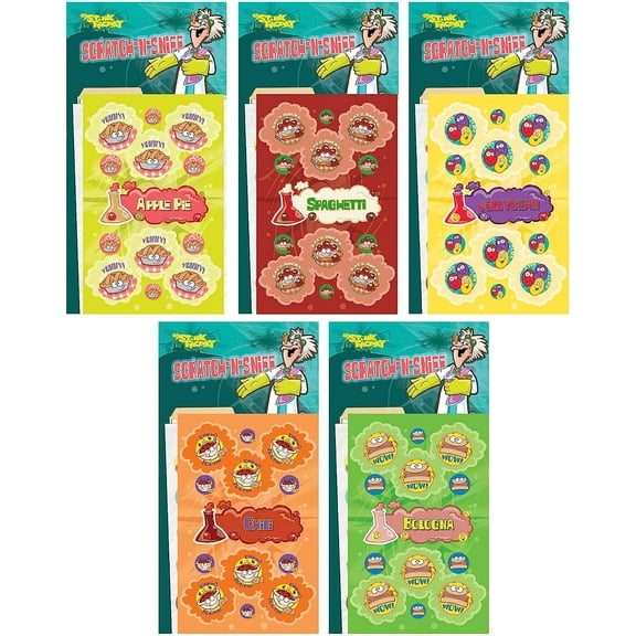 Just For Laughs Dr. Stinky's Scratch N Sniff Stickers 5-Pack- 5-Pack Chili, Apple Pie, Bologna, Spaghetti, Jelly Beans 135 Stickers (Series 4)