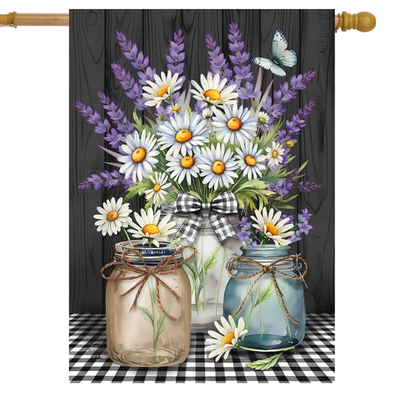 Briarwood Lane Spring House Flag 40x28 For Outdoor Lavender and Daisies Checkered For Spring House Flag