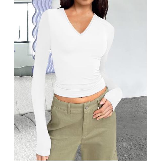 Diconna Women's Spring Autumn Crop Tops Solid Color Long Sleeve V Neck Short Slim T-shirt