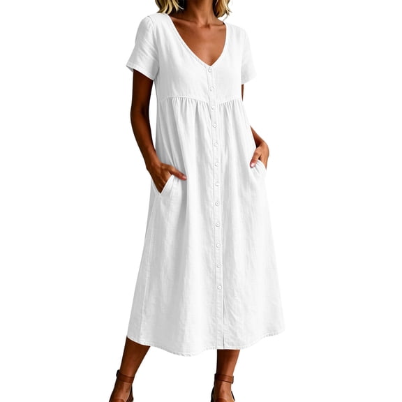 Yangnuo Women's Cotton Linen Short Sleeve Maxi Dress Fashion Ladies V-Neck Button-Down Loose Casual Summer Long Dress with Pockets White M
