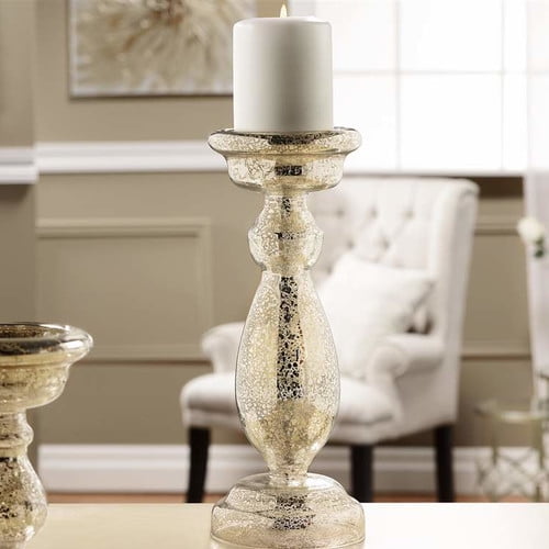 9" Antique Silver Mercury Glass Pillar Candle Holder with Victorian