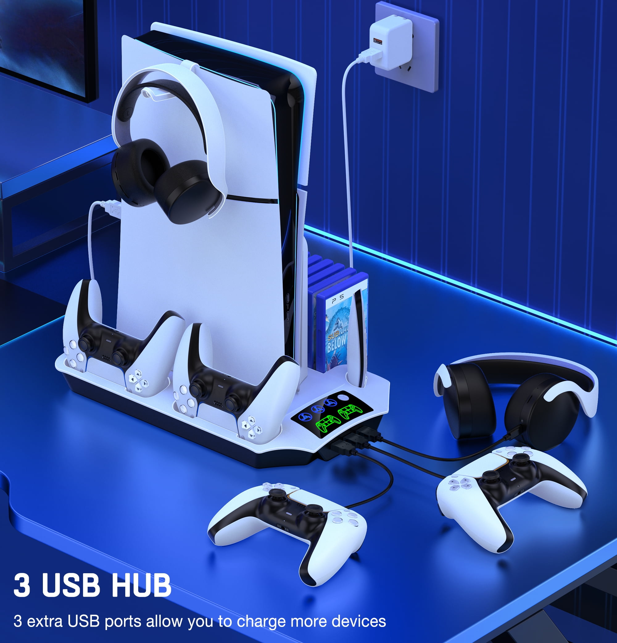 EUROA PS5 Slim Stand and Cooling Station with Controller Charging Station for Playsation 5 Pro/PS5Slim/PS5 Disc Digital Console, PS5 Accessories