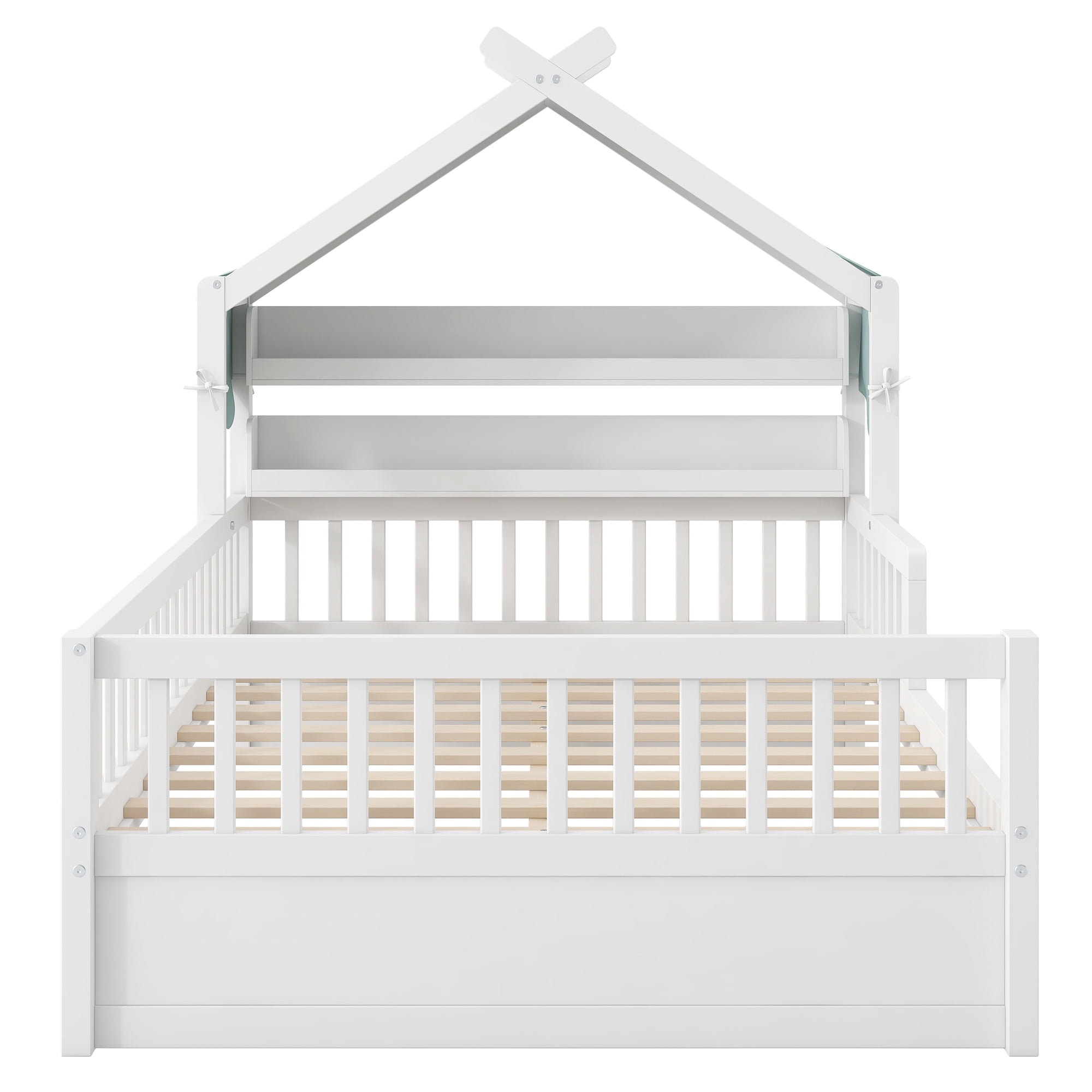 Euroco Wood Full Size Platform Bed with Storage Headboard and Canopy, White