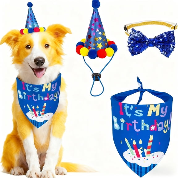 Dog Birthday Party Supplies, Dog Birthday Bandana Hat Bow Set for Dogs and Cats Blue XS