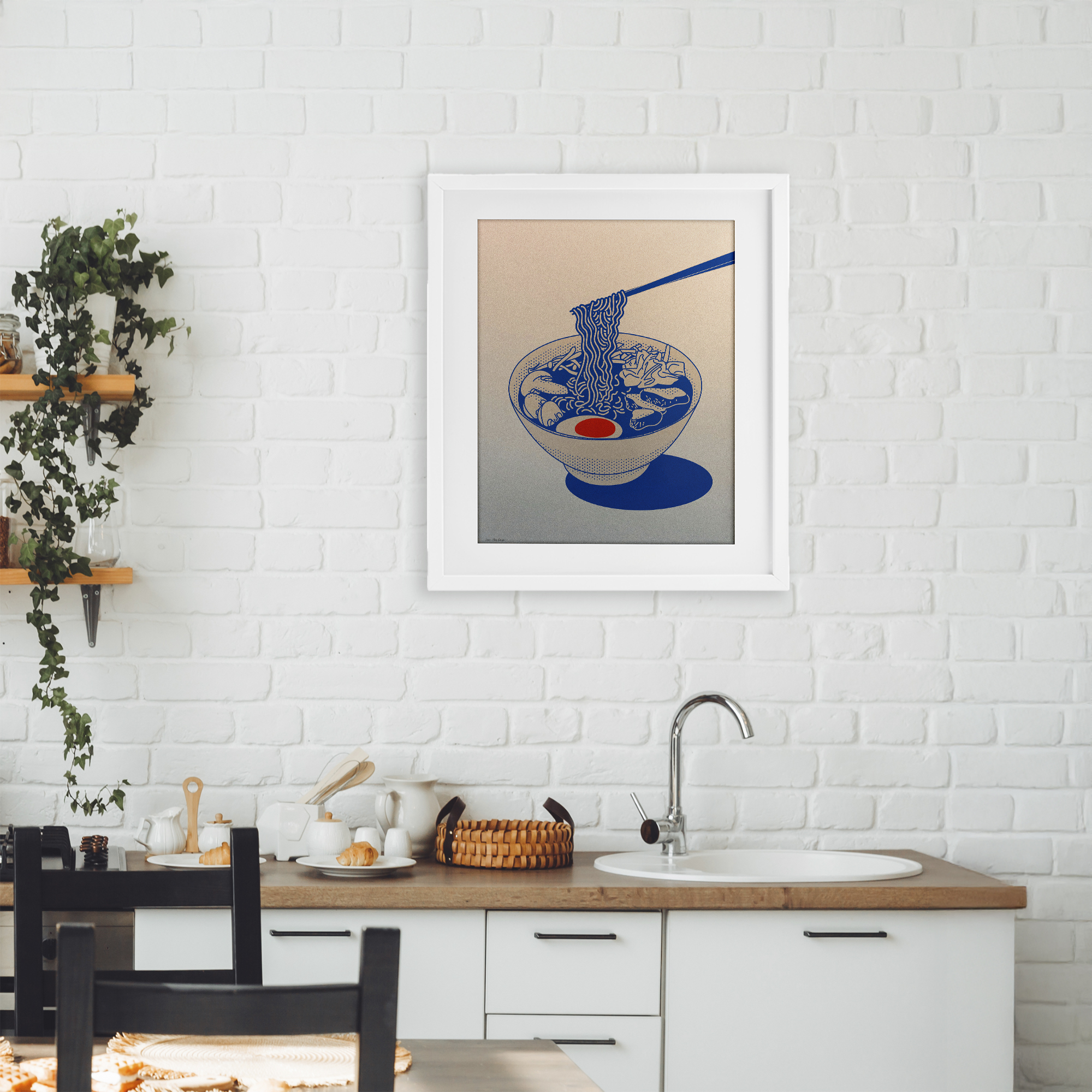 Ramen Noodle Bowl Gradient White Framed Print Under Glass, design by Seven Trees Design