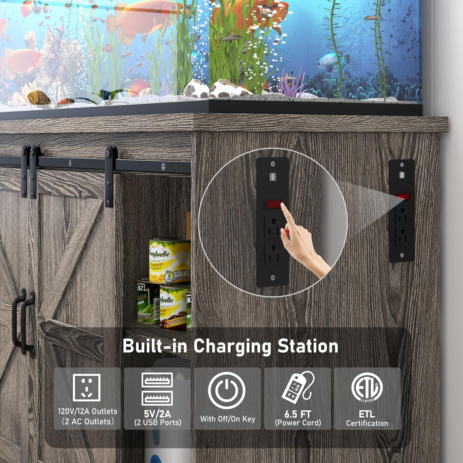 Blotout Farmhouse 55-75 Gallon Fish Tank Stand with Power Outlet, 52"Aquarium Stand with Storage/Sliding Barn Door, Heavy Duty Tank Stand for 2 Fish Tank/Reptile Terrarium, 1000lbs Capacity,Gray