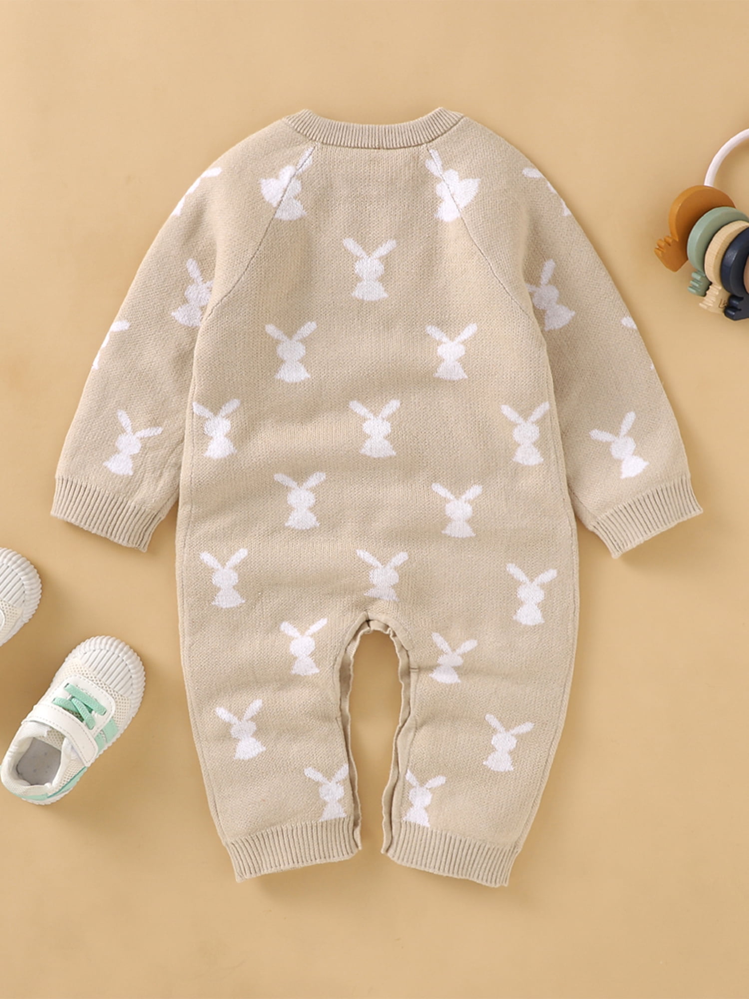 wsevypo Newborn Baby Bunny Romper Infant Knited Easter Outfits Long Sleeve Jumpsuit for Boys Girls One Piece Overall