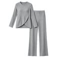 thumbnail image 4 of Brnmyaeo Womens 2 Piece Sets Ribbed Knit Asymmetrical Hem Long Sleeve Top and Straight Leg Pants Warm Cozy Matching Sets Airport Outfit, 4 of 7