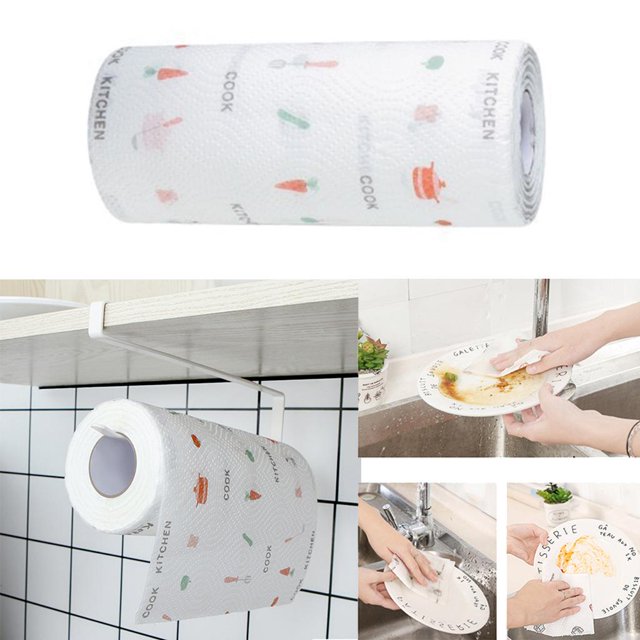 toallas de limpieza desechables de 3 paño para platos toallitas prácticas, absorbentes, doble y húmedo, 150 hojas paquete de 3 rollos (150 hojas) rollo blanco con motivos de cocina en vista frontal; paño de tela no tejida texturizada, tamaño aprox. 23x25 cm por hoja, diseñado para absorber agua y grasa y limpiar platos y superficies; también es adecuado para secar utensilios y limpieza general del hogar.