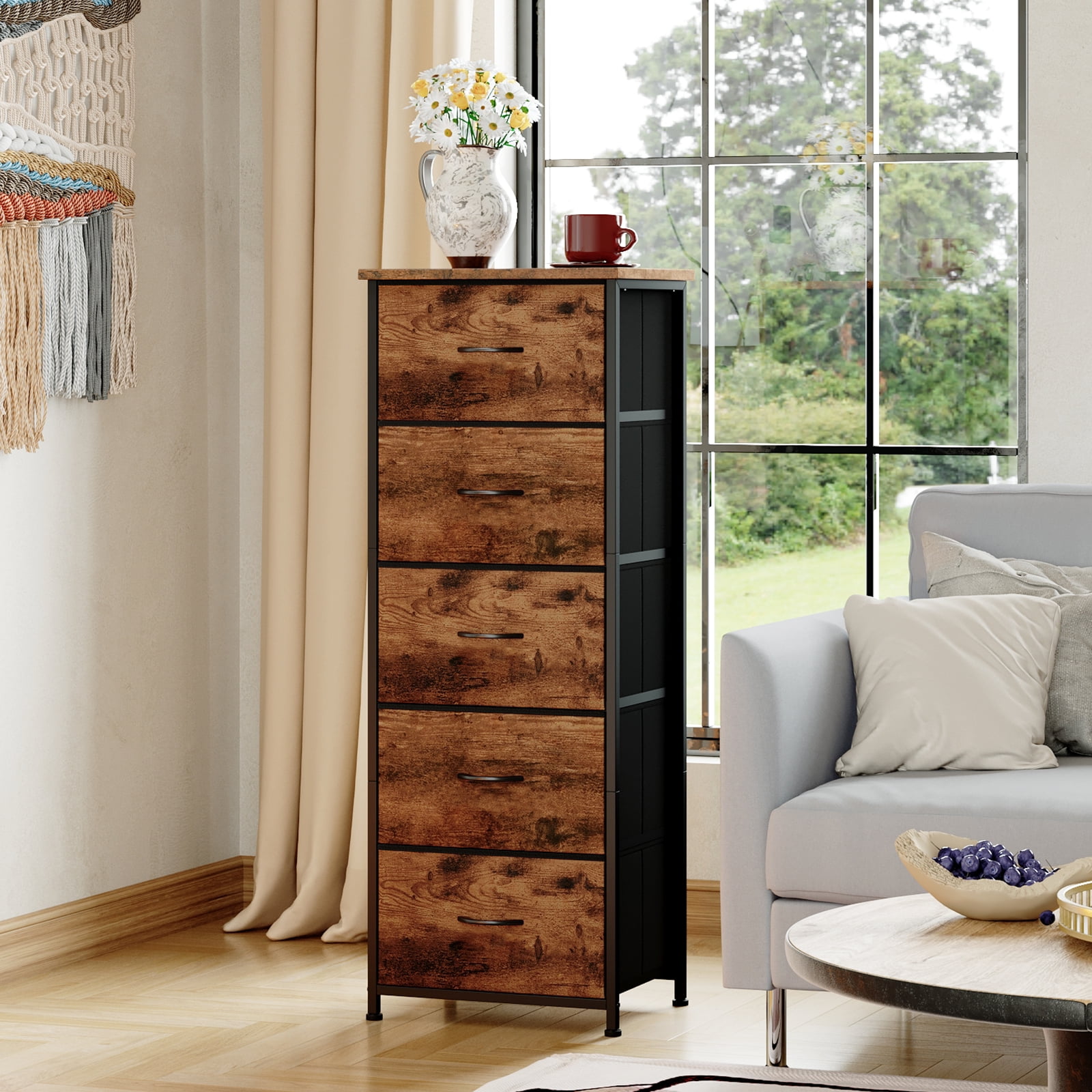 Eunos Tall Dresser for bedroom, 5 Vertical Fabric Drawers Nightstand, Living Room Hallway, Wood Grain Print
