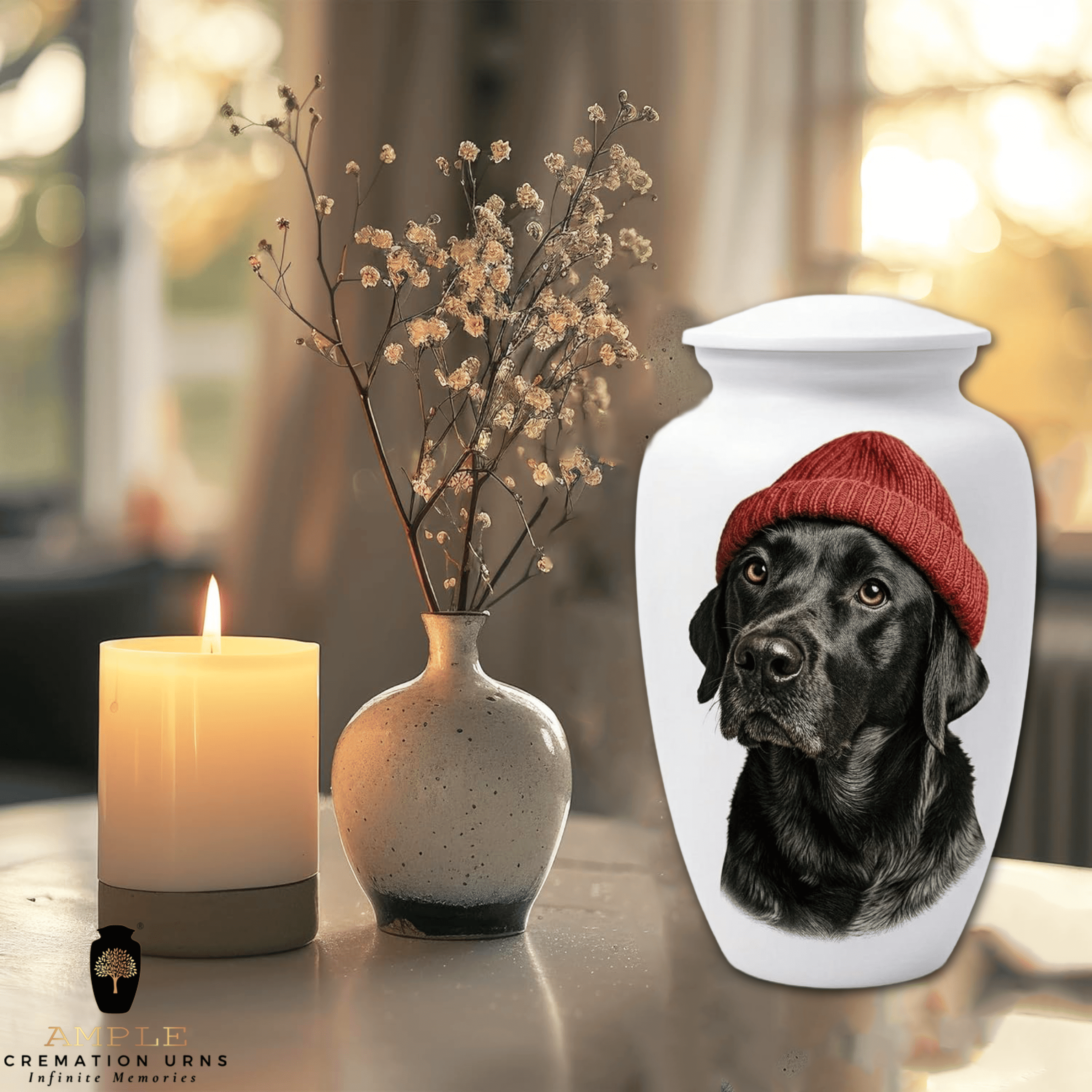 Black Dog Memorial Urn – Handmade Aluminum Pet Cremation Urn with Artistic Dog Portrait