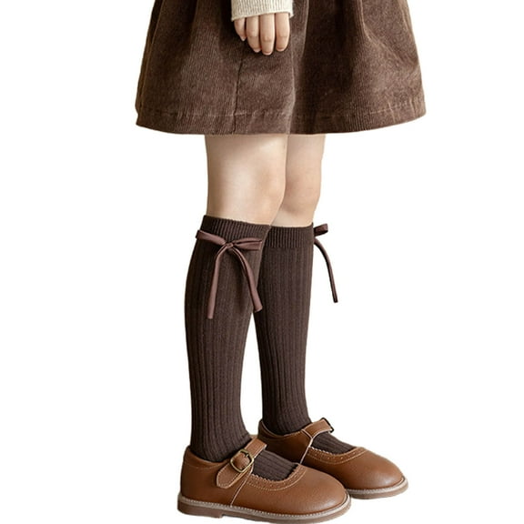 Sunvit-Panties Coffee Girls Knee High Socks 4-8 Years - Soft Knit Cotton with Bow, Non-Slip, Fits 140cm Female Kids for Daily/School/Party Wear,Size 6-14T