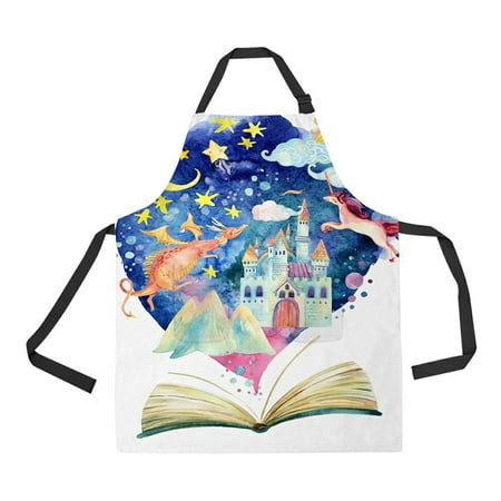 

ABPHQTO Book Magic World Fairy Tale Starry Sky Castle Dragon Unicorn Apron Home Kitchen Apron with Pockets