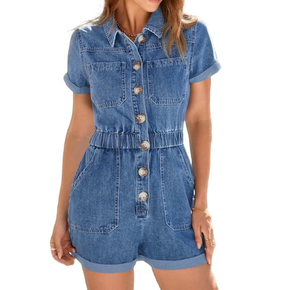 Short Sleeve Denim Rompers for Women Button Casual Jumpsuits with Pokcet