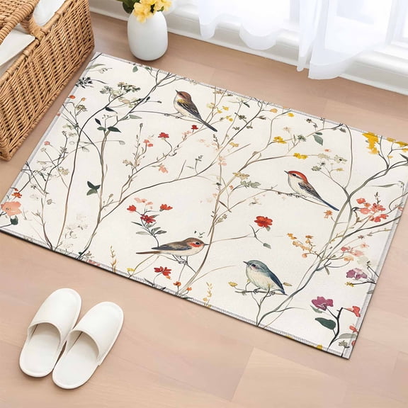 Spring Floral Bathroom Rug Washable 2x3 Entryway Rug Non Slip Summer Birds Botanical Country Front Door Mat Low Pile Indoor Doormat Throw Floor Carpet for Kitchen Bedroom Entrance