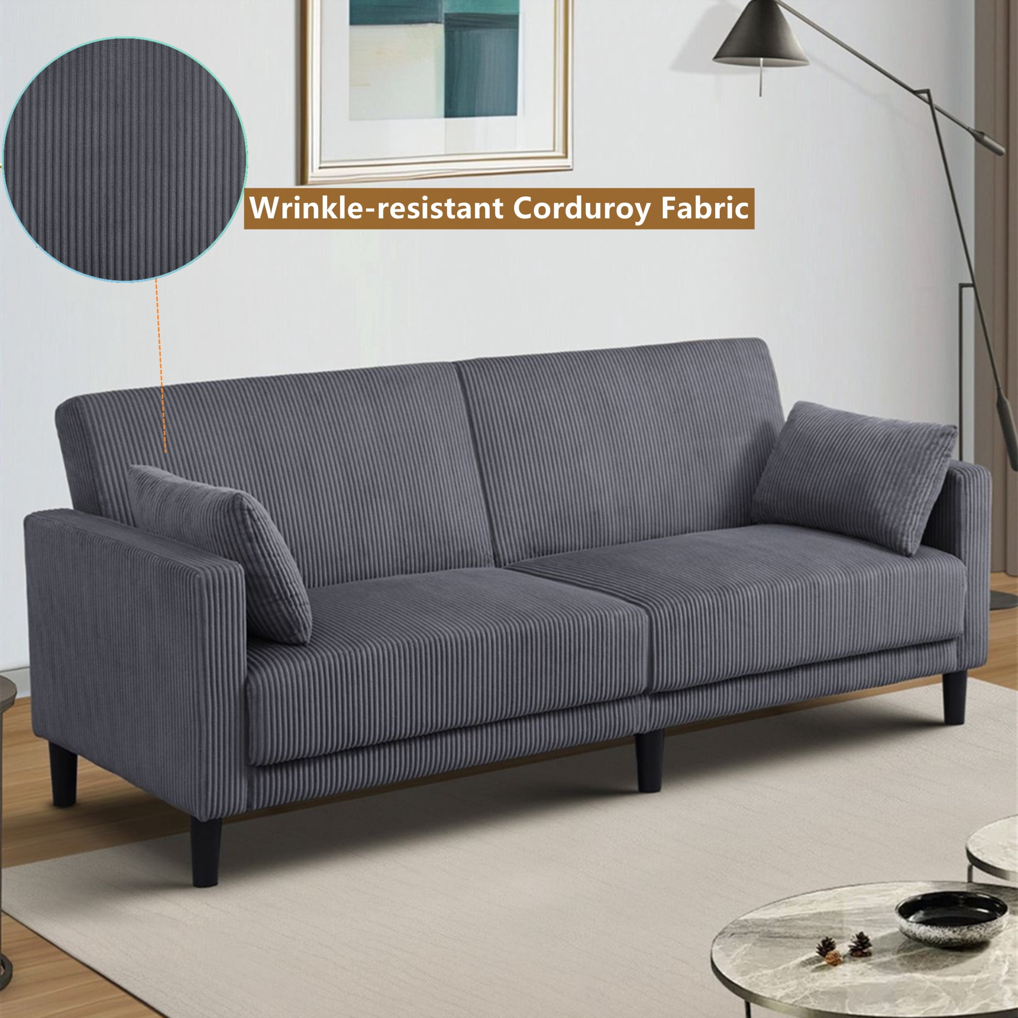 Aukfa 81" Oversized Futon Convertible Sofa Bed for Living Room, 2 Pillow, Corduroy Couch, Dark Gray