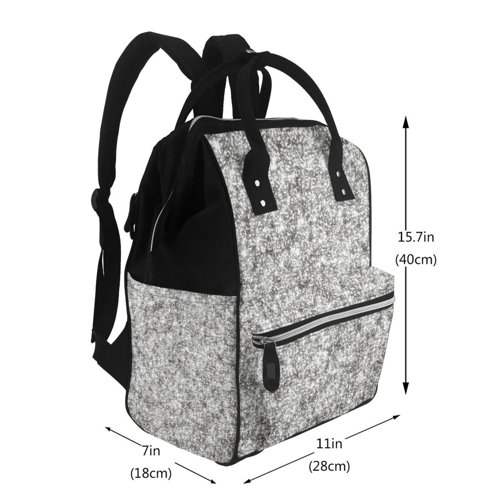 Ratiio Silver Glitter Mummy Backpack - Waterproof Twill Canvas, Large Capacity Diaper Bag with Multiple Pockets and Adjustable Straps