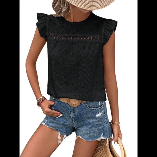 Top de Cuello Redondo y Mangas para Mujer, Color Negro, Talla XXL