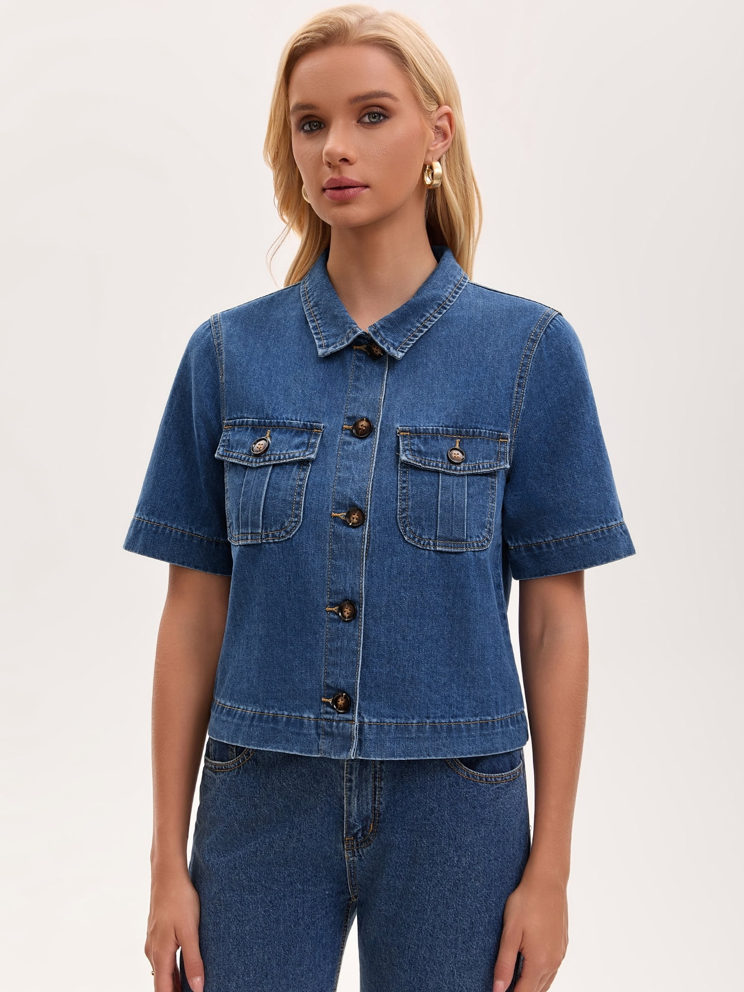 DARING DIVA Women's Button Down Casual Short Sleeve Denim Shirt With Pockets 2XL Blue