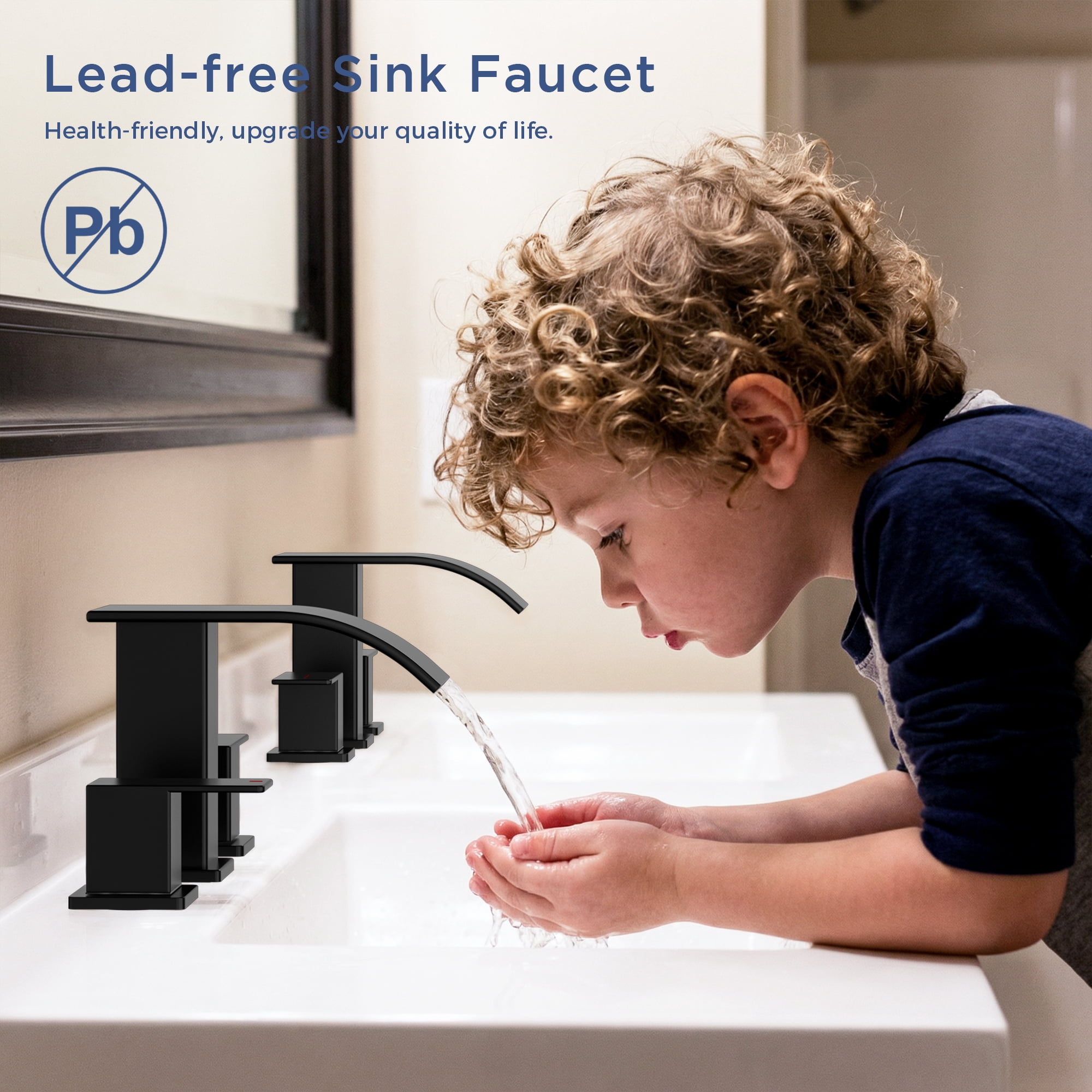 TVOFEK Waterfall Bathroom Faucet 3 Hole, 8 inch Widespread Sink Faucets Matte Black with Metal Pop-up Drain and cUPC Supply Hoses for Vanity Lavatory