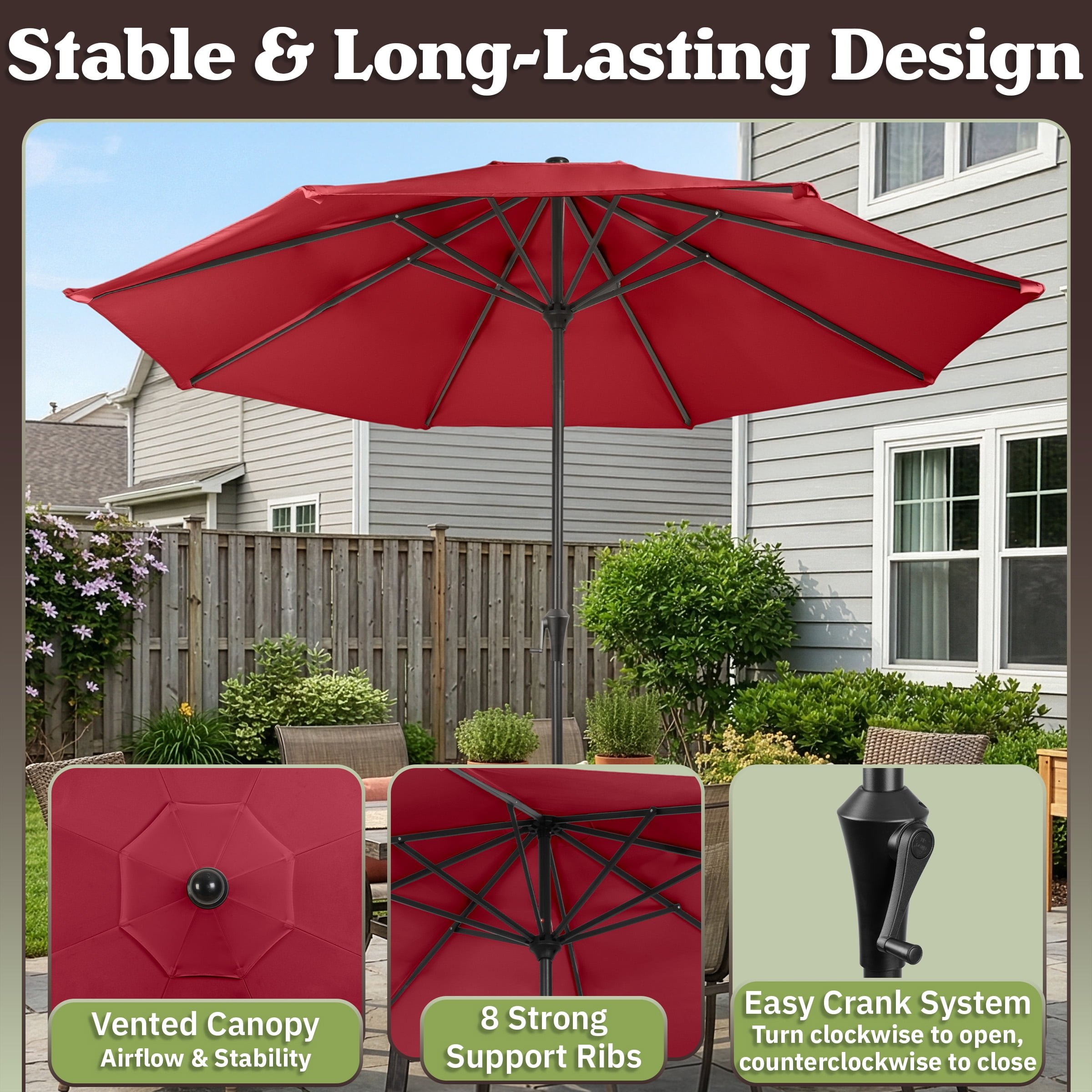 Pure Garden 9FT Outdoor Vented Patio Umbrella with Easy Crank (Red)