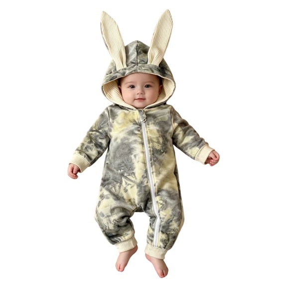 Ruyang Infant Baby Zip Up Jumpsuit Cute Bunny Ear Tie Dye Hooded Romper Long Sleeve Footless One Piece Outfit for Newborn Boys Girls