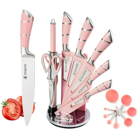 Kitchen Knife Set, 9-Pieces Professional Chef Knife Set with Rotatable Block, Sharp Stainless Steel Knife Block Set, Kitchen Knives Set for Cutting Slicing Dicing Chopping (Pink)