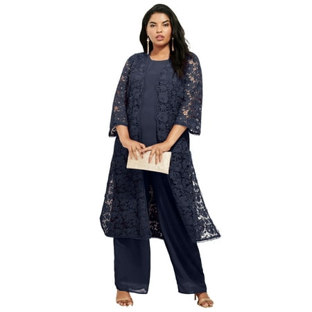 Roaman's Women's Plus Size Plus Size 3-Piece Allover Lace Duster Pant Set – Formal Wear