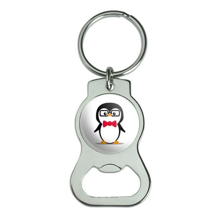 - Cartoon Penguin with Bow Tie and Glasses Bottle Cap Opener Keychain Key Ring