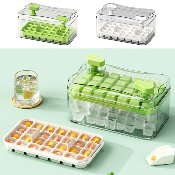 Ice Cube Tray Set | Food Grade Plastic Ice Maker with 2 Mold Compartments, Ice Storage Box, Ice Clip, Removable Lid | 50 Cubes | Easy Release | 7.5x4.7x3.7in | Green White | Home Freezer Organizer