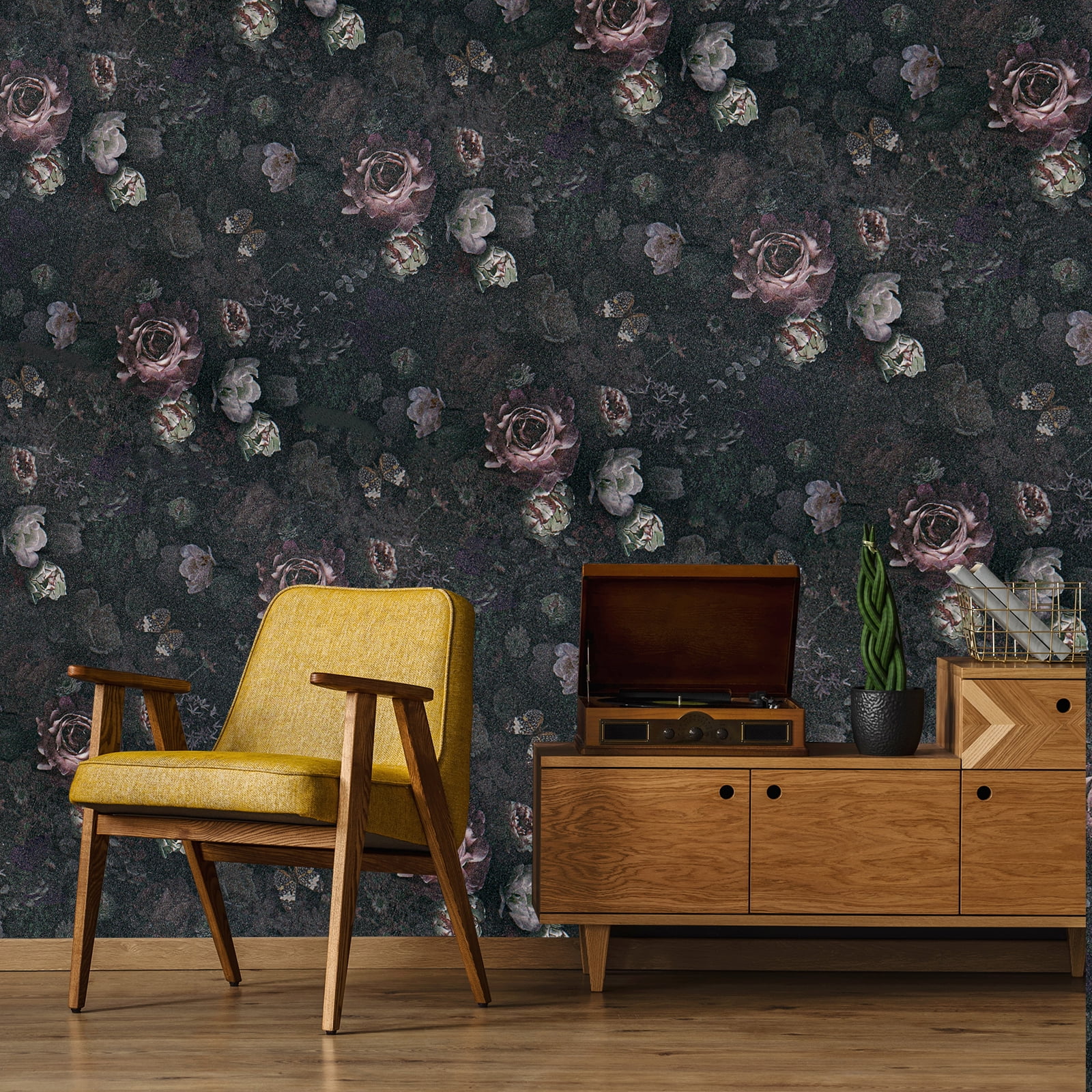 VEELIKE Vintage Dark Floral Peel and Stick Wallpaper 17.7''x354'' Butterflies Peonies Floral Wallpaper Mural Removable Self Adhesive Decorative Black Floral Contact Paper for Bedroom Bathroom Walls