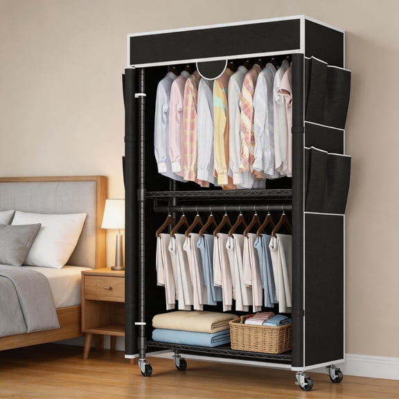 Sailvan Heavy Duty Clothing Rack with Cover, Portable Closet Wardrobe with Double Hanging Rods and Wheels, 3-Tier Storage Shelves,Black