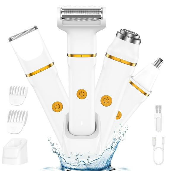 Hoey Electric Bikini Trimmer for Women, 4-in-1 Waterproof Electric Shaver with USB Rechargeable Dock, Facial Hair Remover, Nose Hair Trimmer, Adjustable Combs