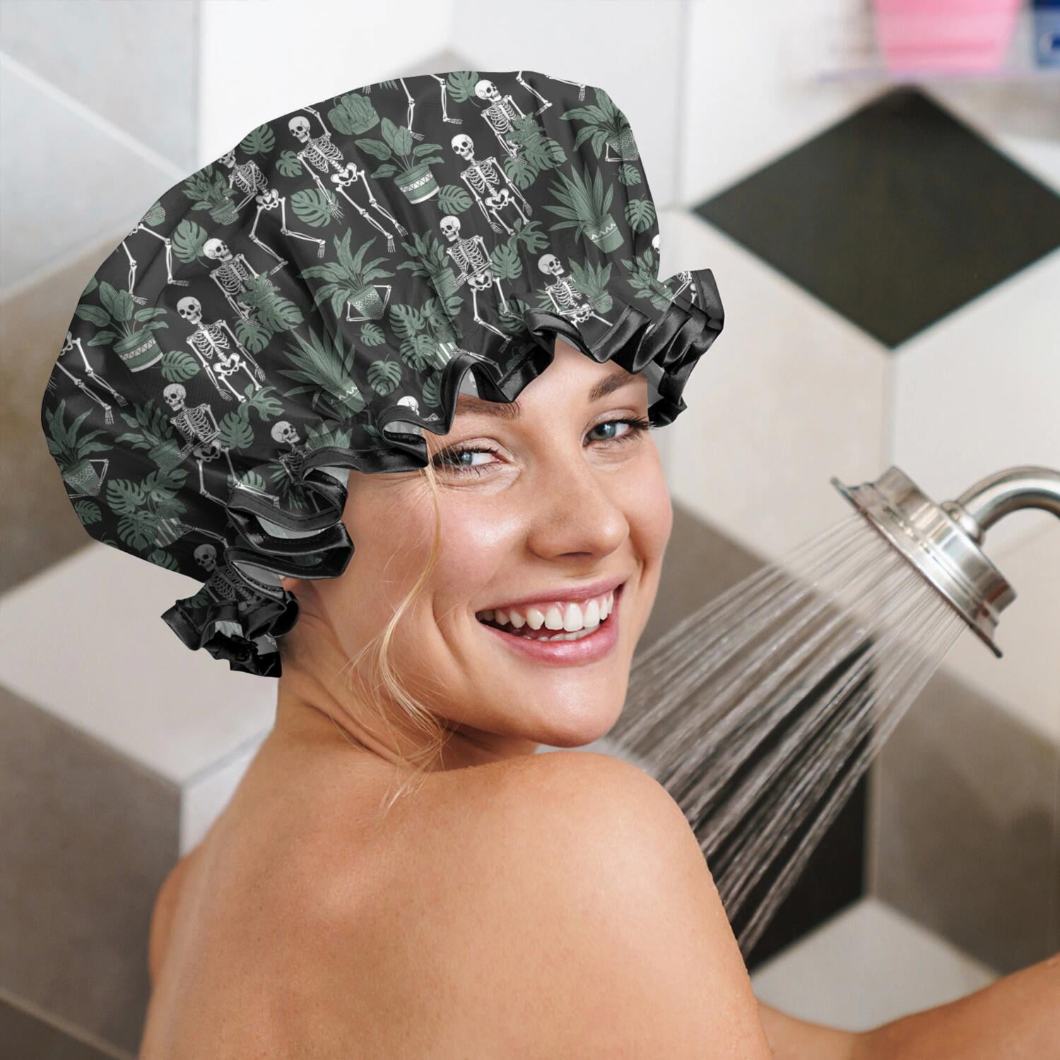 Shower Caps,Black Skeleton Plant Pattern Waterproof Shower Cap for Women 4 Pieces,Double Reusable Hair Cover for Shower PEVA Elastic Stretch Hem
