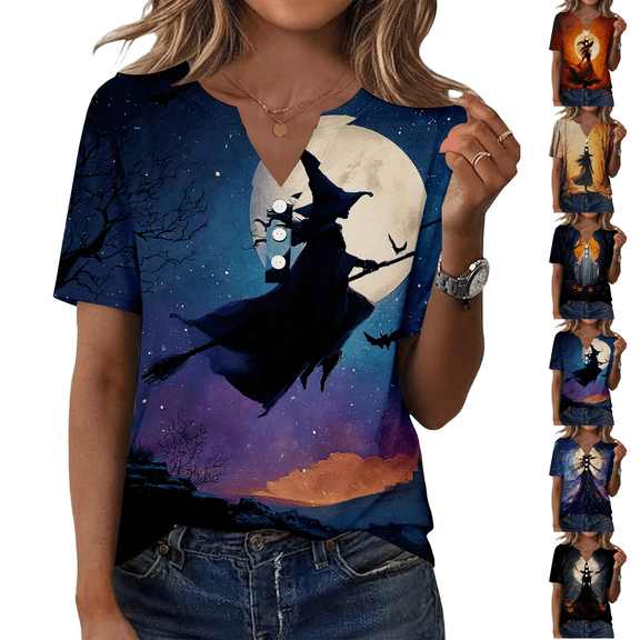 Halloween Witch Shirt Women V Neck T Shirt Funny Graphic Tee Tops Multicolor 3XL