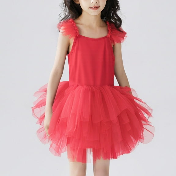 Eltusu Girls Ballet Dance Dress, Dancewear Sleeveless Performance Princess Tutu Dresses Red Size 2-6 T