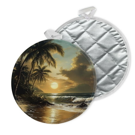 

2 PCS Pot Holders for Kitchen Potholders Sets with Hook for Oven Cooking Baking Beautiful Oil Painting Of Beach With Palm