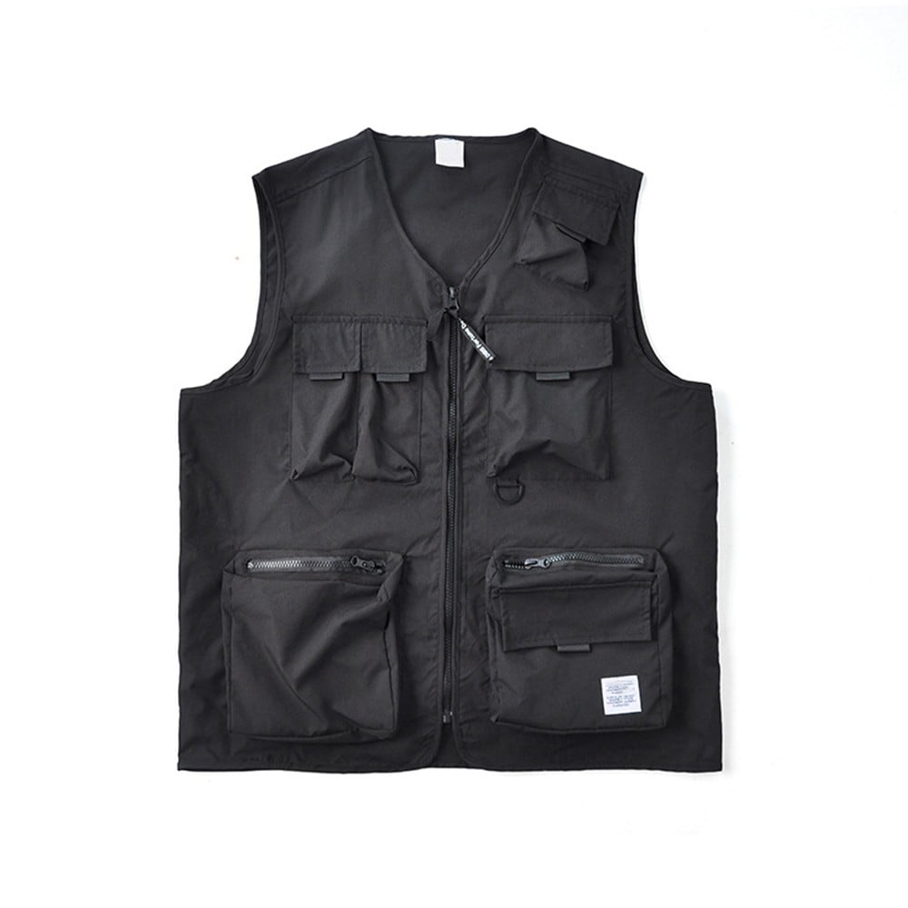 YIWEI Men Waistcoat Multi Pockets Sleeveless Cargo Jacket Vest Gilet Fishing  Zip Tops #Black L 