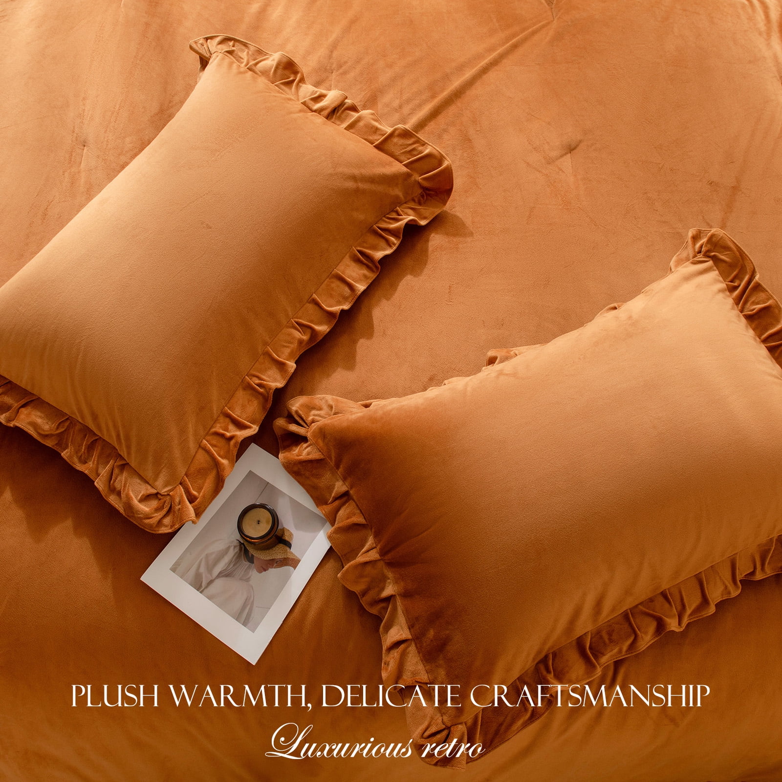 Caramel Velvet Comforter Set King, Ruffled Fluffy Plush Bedding with Pillowcases, All-Season Cozy Luxury Bed Set for Women & Girls