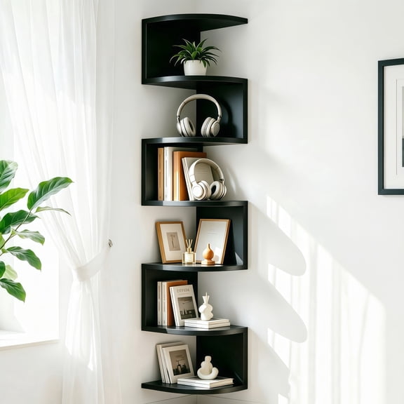 7-Tier Floating Corner Shelf, 3.74 Ft Wall Book Shelves for Storage and Display, MDF Materials,Black