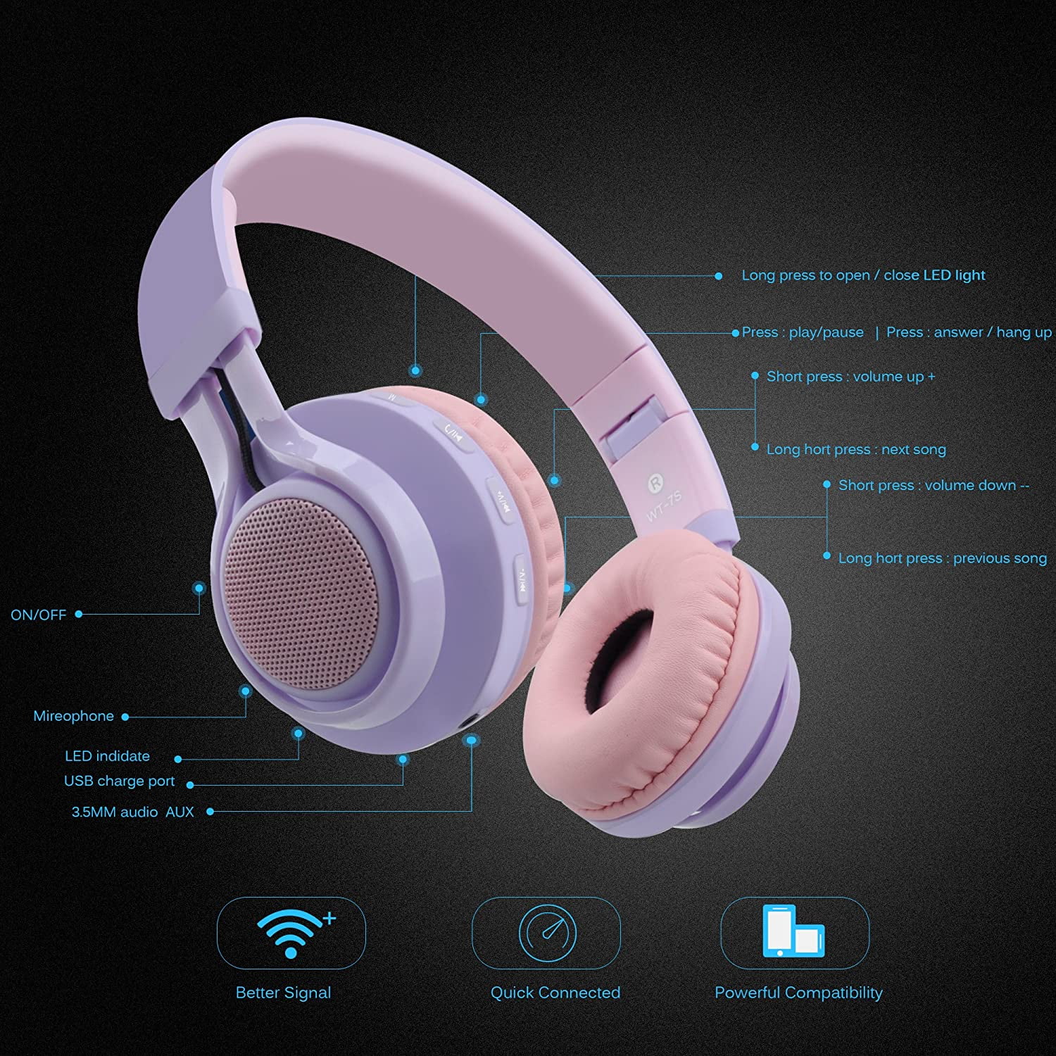 Riwbox WT-7S Bluetooth Headphones Light Up, Foldable Stero Wireless Headset with Microphone and Volume Control for PC/Cell Ph