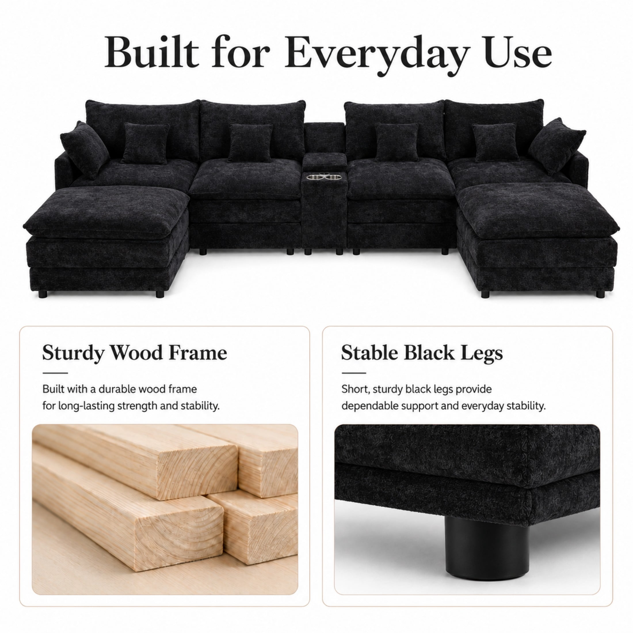 Aenkyo 141-Inch U-Shaped Chenille Cloud Sectional Sofa with Console, Black