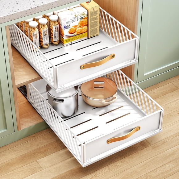 Pull out Cabinet Organizer Fixed with Adhesive Nano Film,Heavy Duty Slide out Pantry Shelves Drawer Storage,Sliding Mesh Cabinet